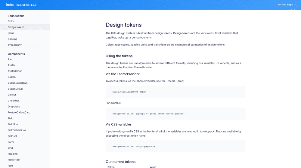 Screenshot of Kalo design system token page